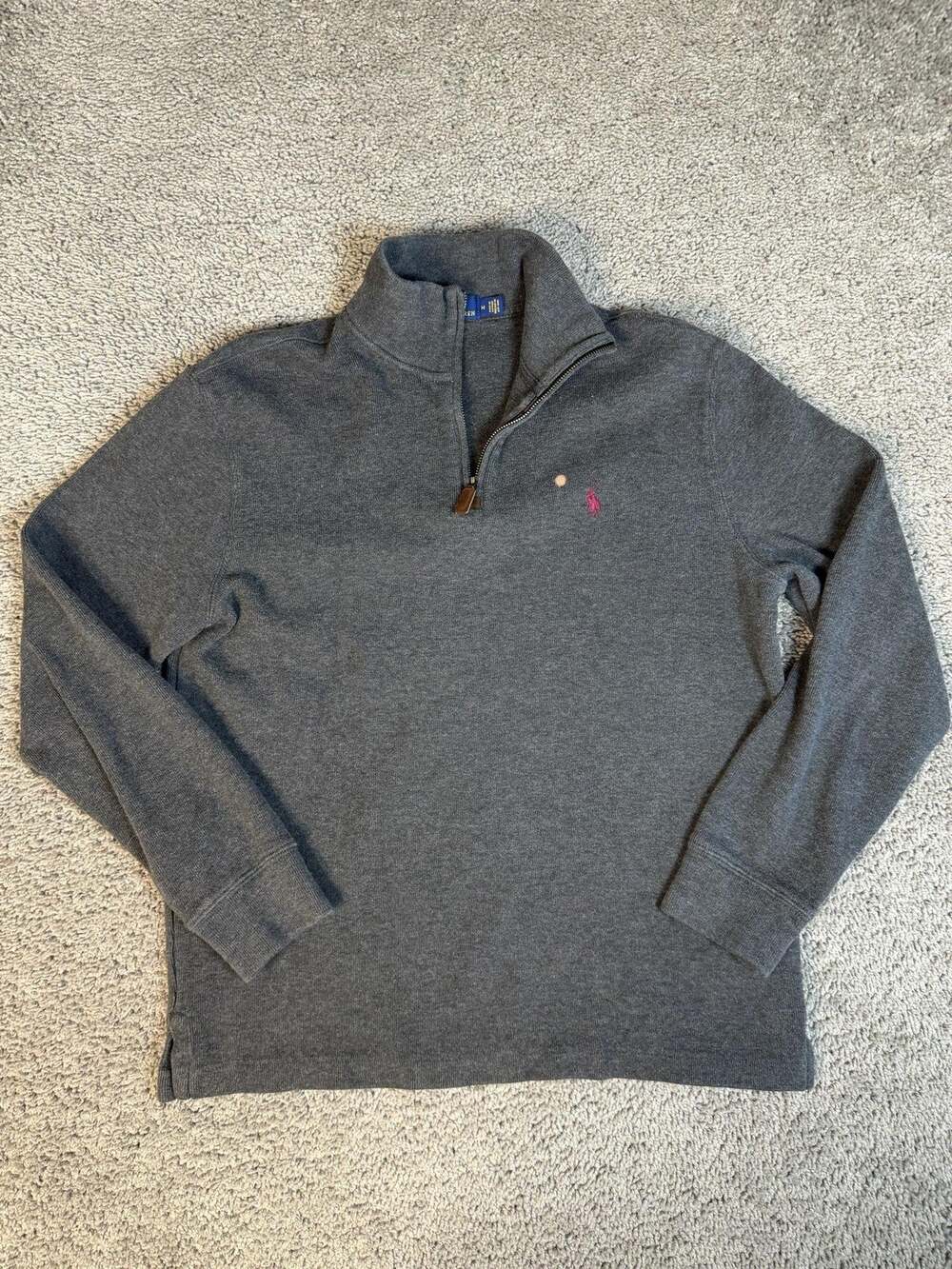 Polo Ralph Lauren Sweater Mens M Gray Mock Neck 1/4 Zip Cotton Pullover Logo